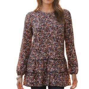 J Jill Printed Tiered Tunic Floral Size XL Navy Blue A-Line Smocked Long Sleeve